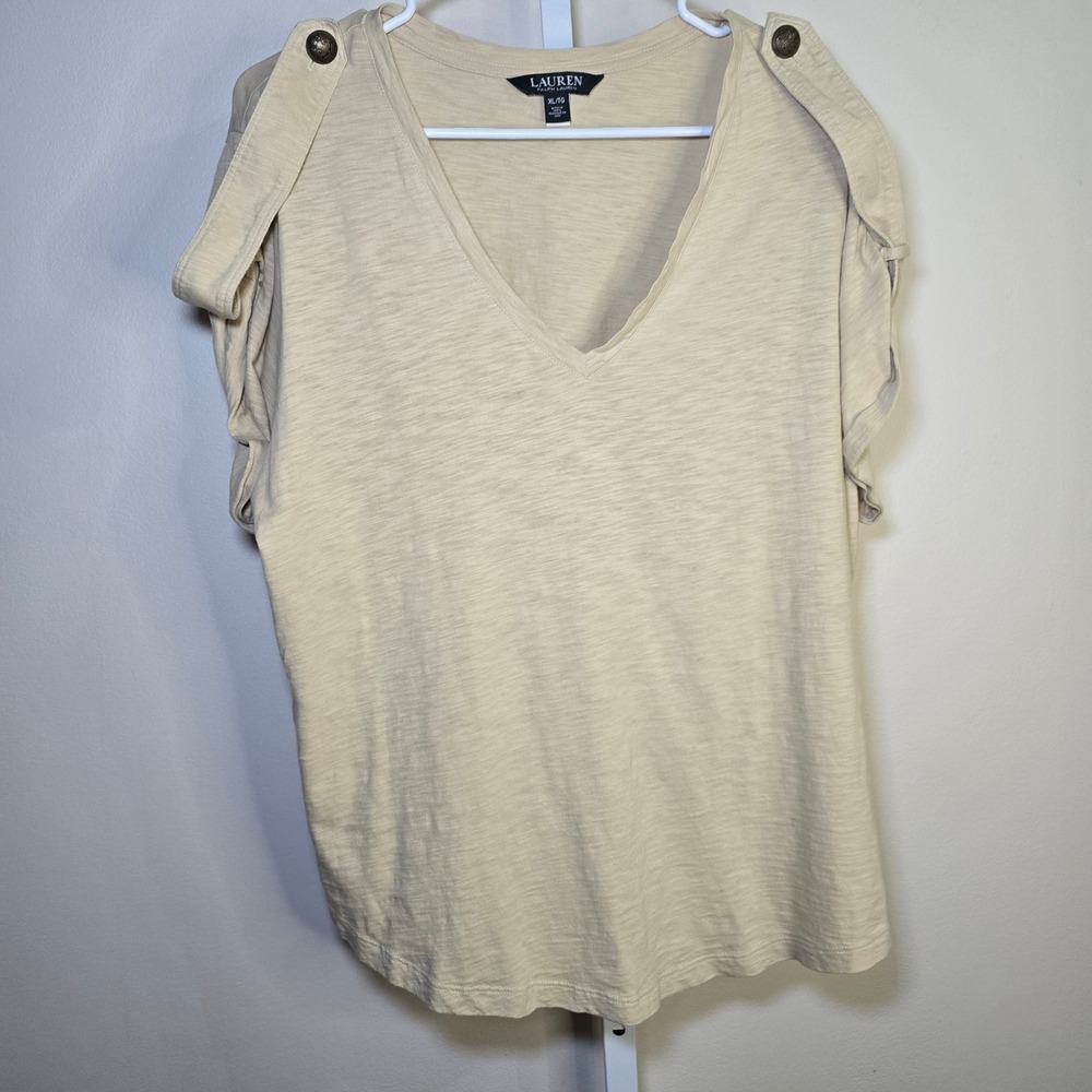 Lauren Ralph Lauren Tan Beige V-Neck Slub Knit Top Epaulette Button XL